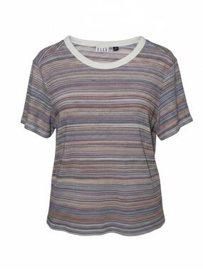 Elle Striped Short-Sleeve Crewneck Top in Lavender, Taupe and White